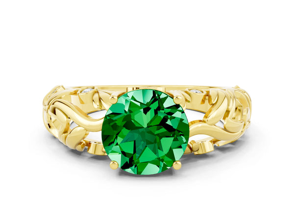 Yellow gold Round Cut Solitaire Emerald Leaf-Inspired Vine Band Ring with Prong Setting