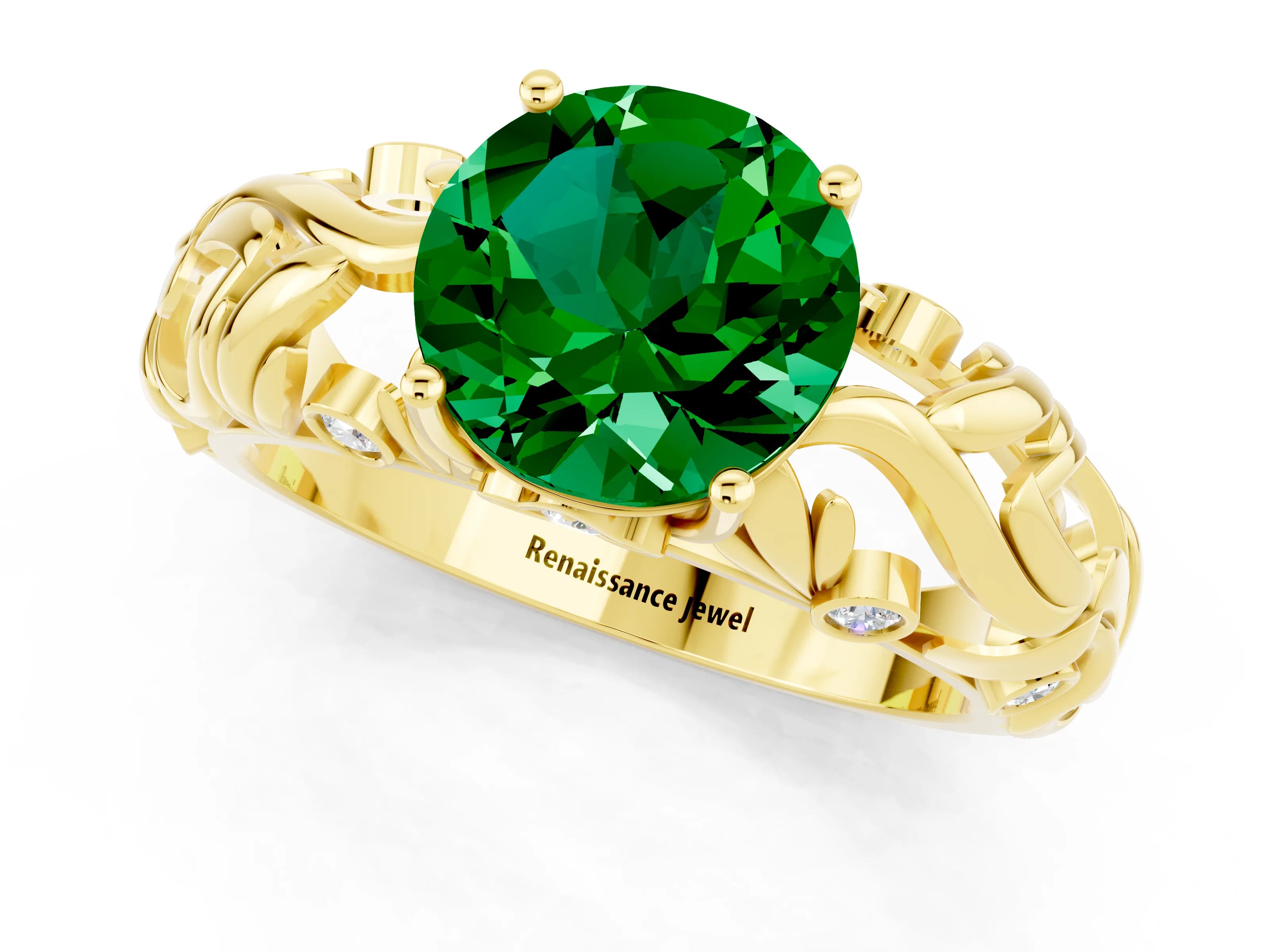 Yellow gold Round Cut Solitaire Emerald Leaf-Inspired Vine Band Ring with Prong Setting_1