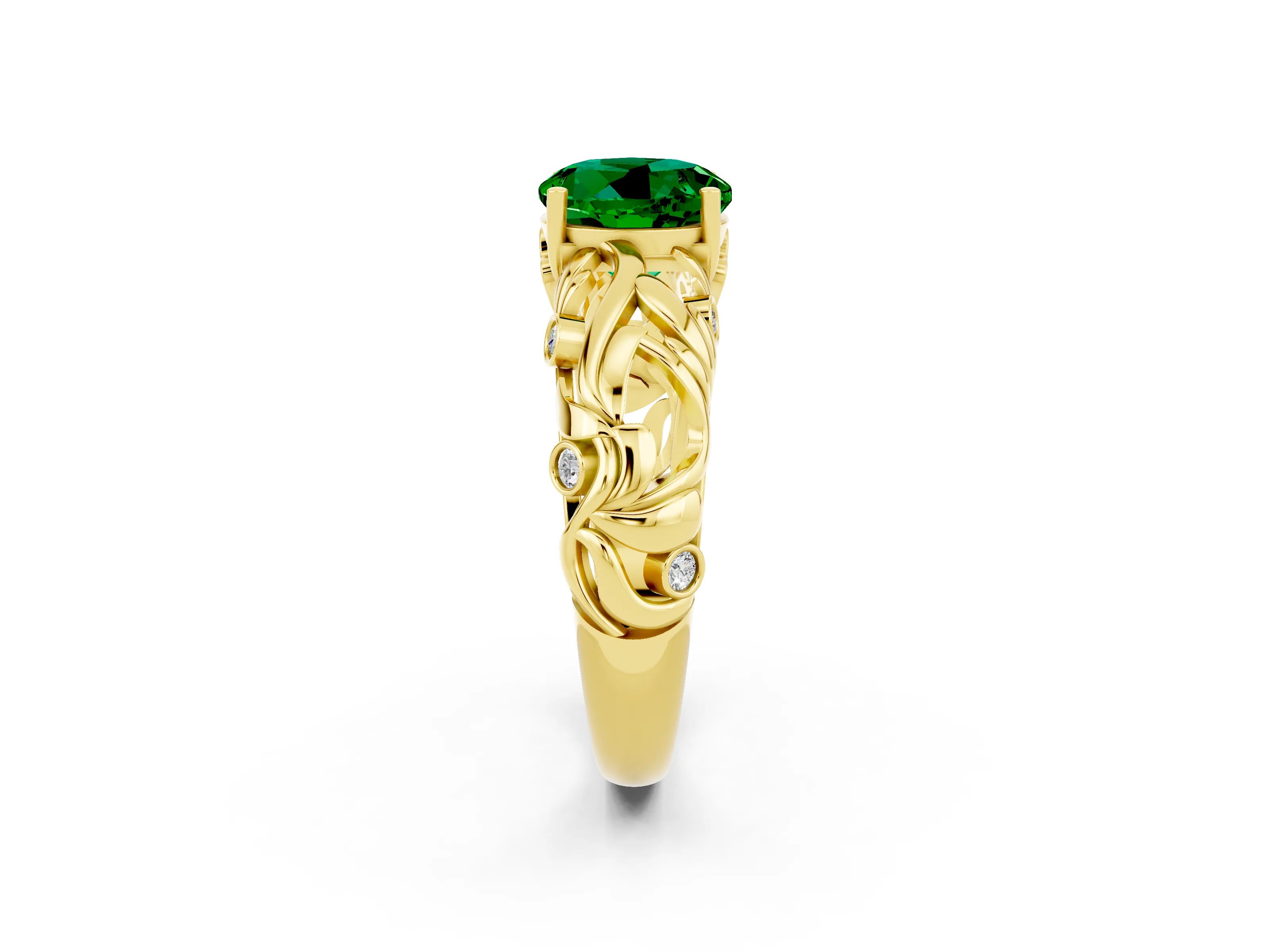Yellow gold Round Cut Solitaire Emerald Leaf-Inspired Vine Band Ring with Prong Setting_2