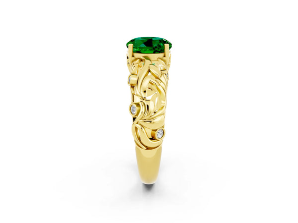 Yellow gold Round Cut Solitaire Emerald Leaf-Inspired Vine Band Ring with Prong Setting