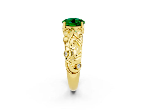 Yellow gold Round Cut Solitaire Emerald Leaf-Inspired Vine Band Ring with Prong Setting_2
