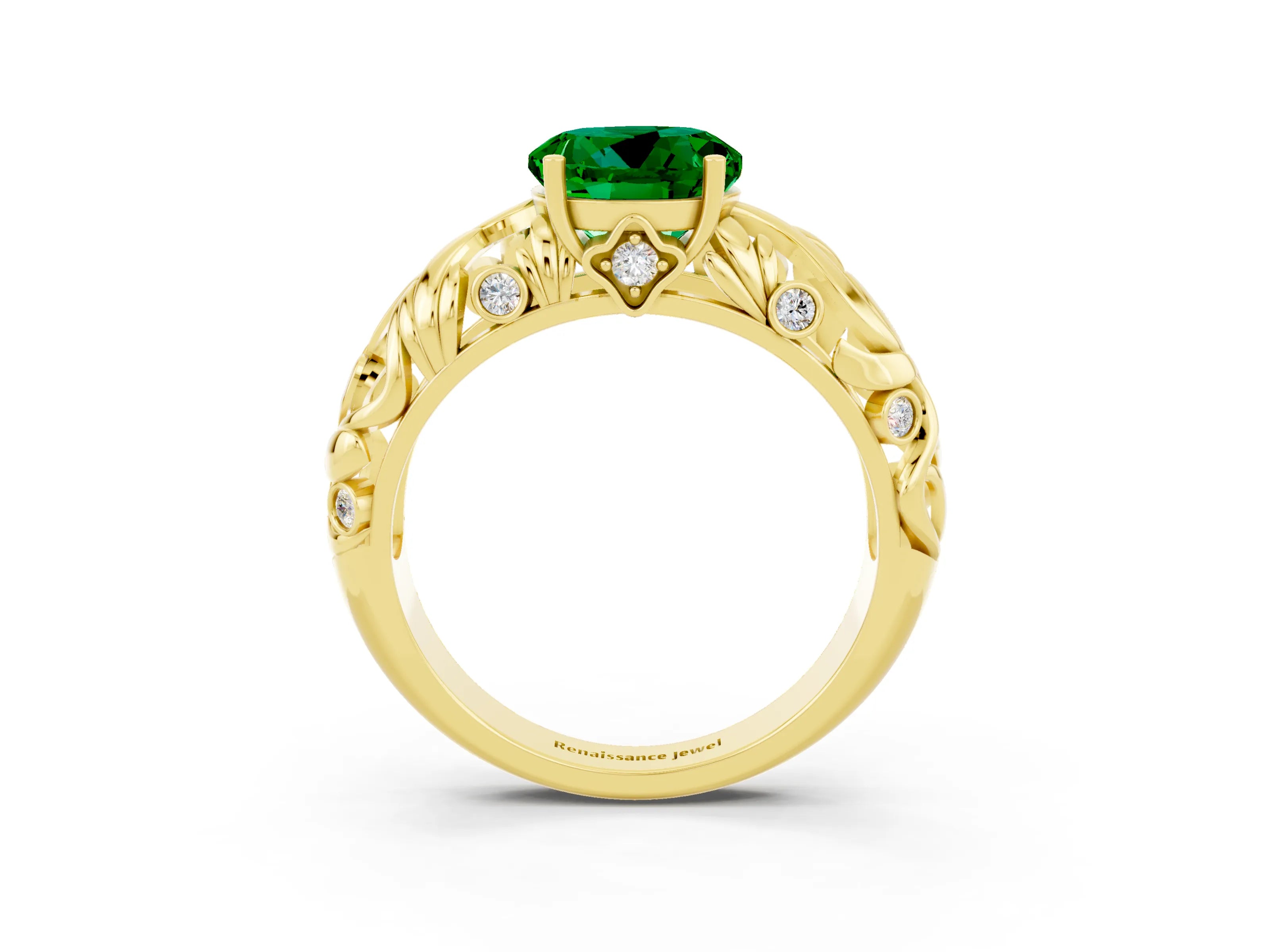Yellow gold Round Cut Solitaire Emerald Leaf-Inspired Vine Band Ring with Prong Setting_3