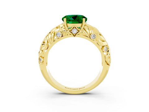 Yellow gold Round Cut Solitaire Emerald Leaf-Inspired Vine Band Ring with Prong Setting_3