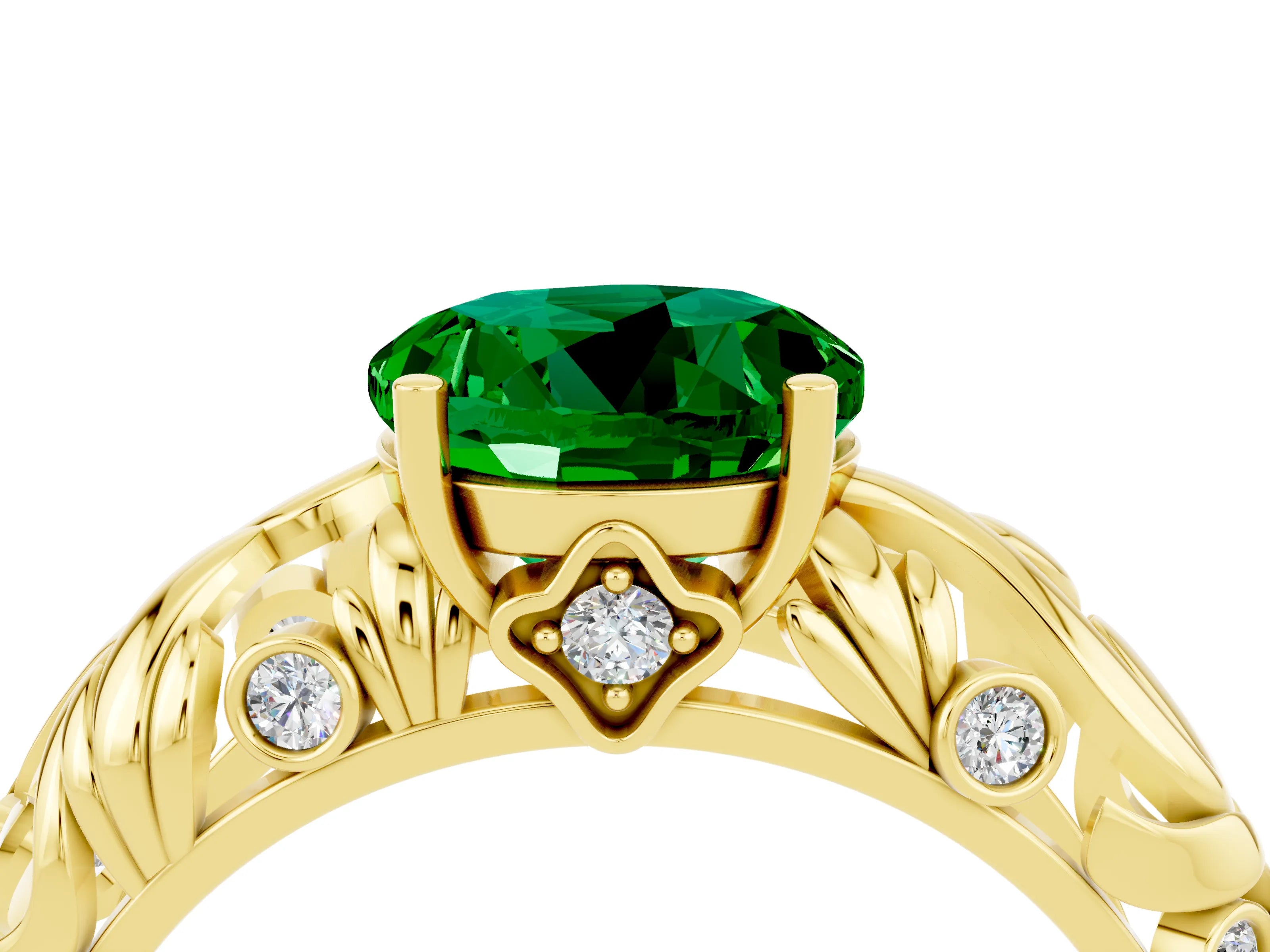 Yellow gold Round Cut Solitaire Emerald Leaf-Inspired Vine Band Ring with Prong Setting_4