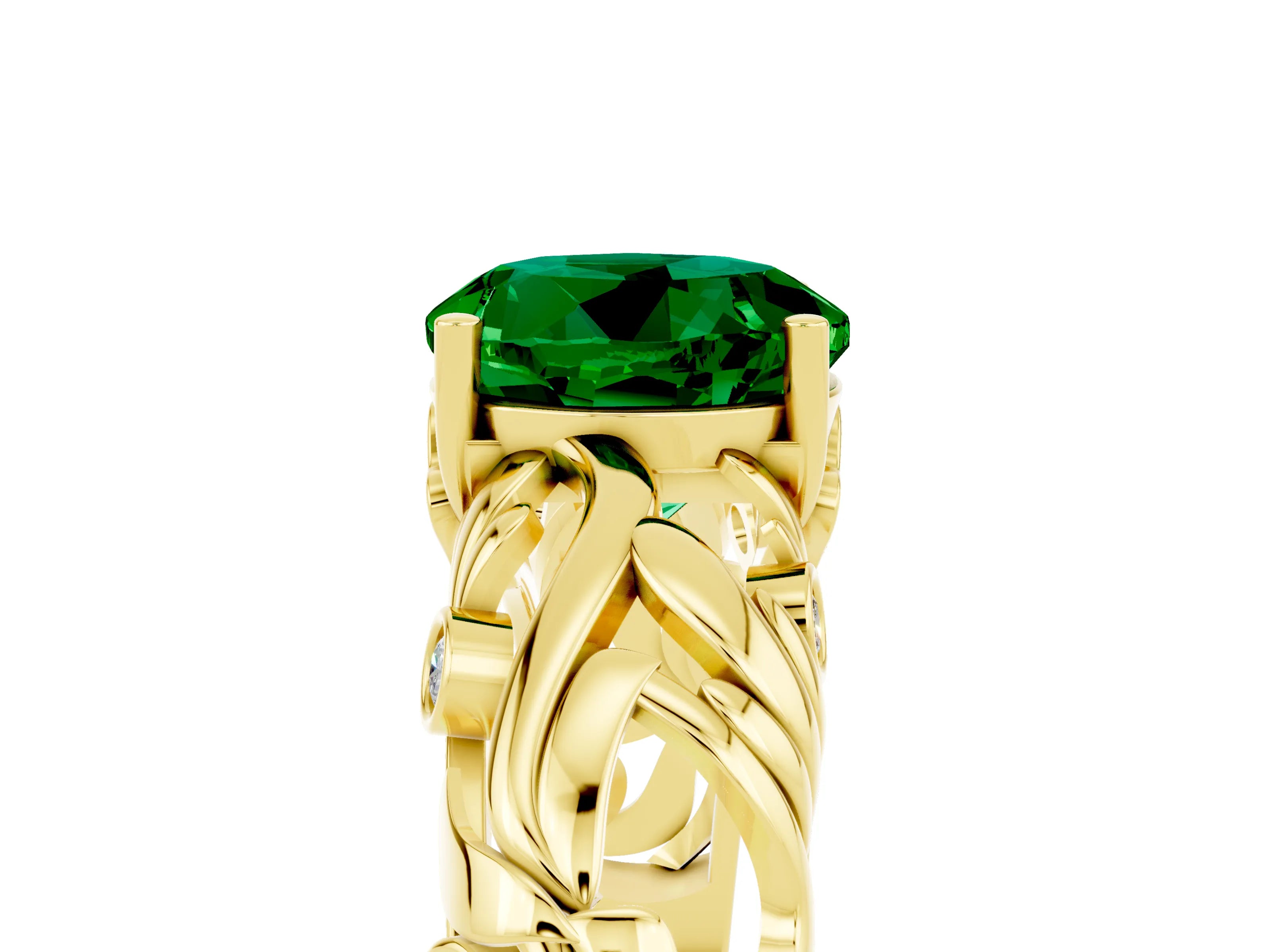 Yellow gold Round Cut Solitaire Emerald Leaf-Inspired Vine Band Ring with Prong Setting_5