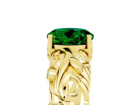 Yellow gold Round Cut Solitaire Emerald Leaf-Inspired Vine Band Ring with Prong Setting_5