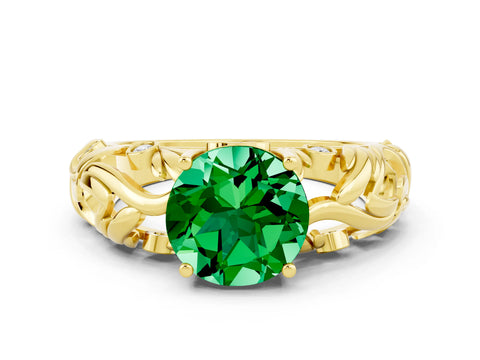 Yellow gold Round Cut Solitaire Emerald Leaf-Inspired Vine Band Ring with Prong Setting