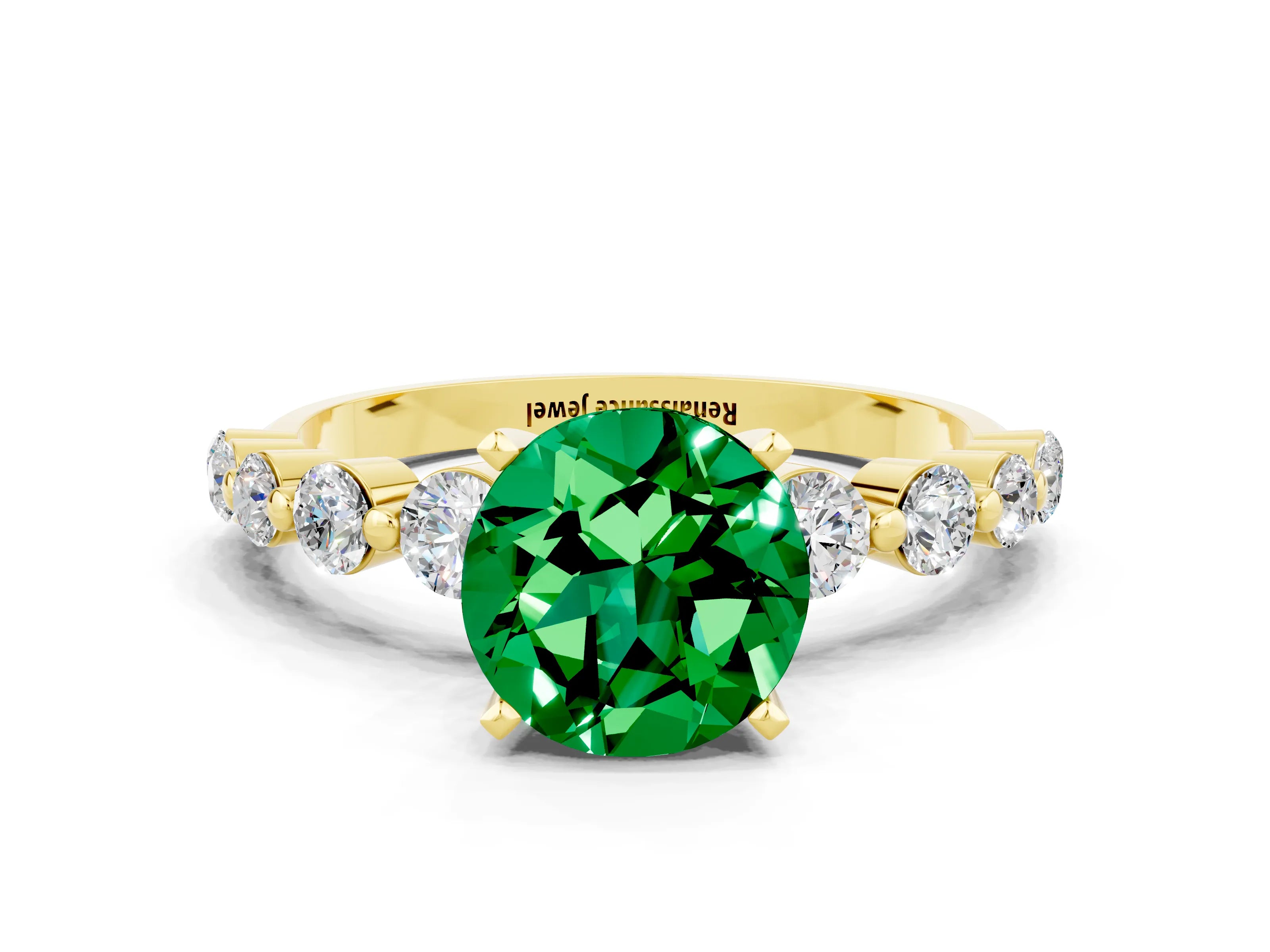 Yellow gold Round Cut Solitaire Emerald Ring with Pave Band and Four-Prong Setting