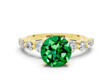 Yellow gold Round Cut Solitaire Emerald Ring with Pave Band and Four-Prong Setting