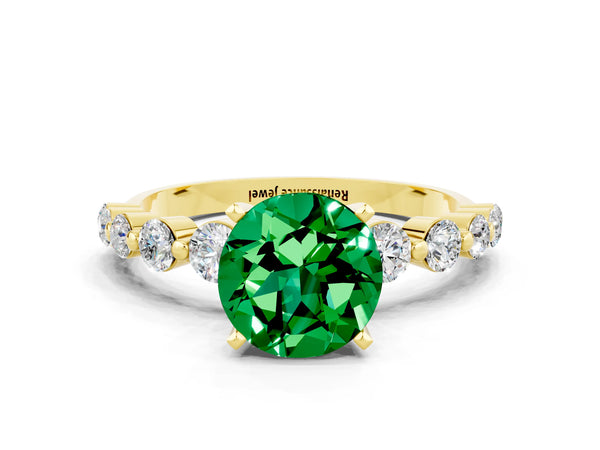 Yellow gold Round Cut Solitaire Emerald Ring with Pave Band and Four-Prong Setting