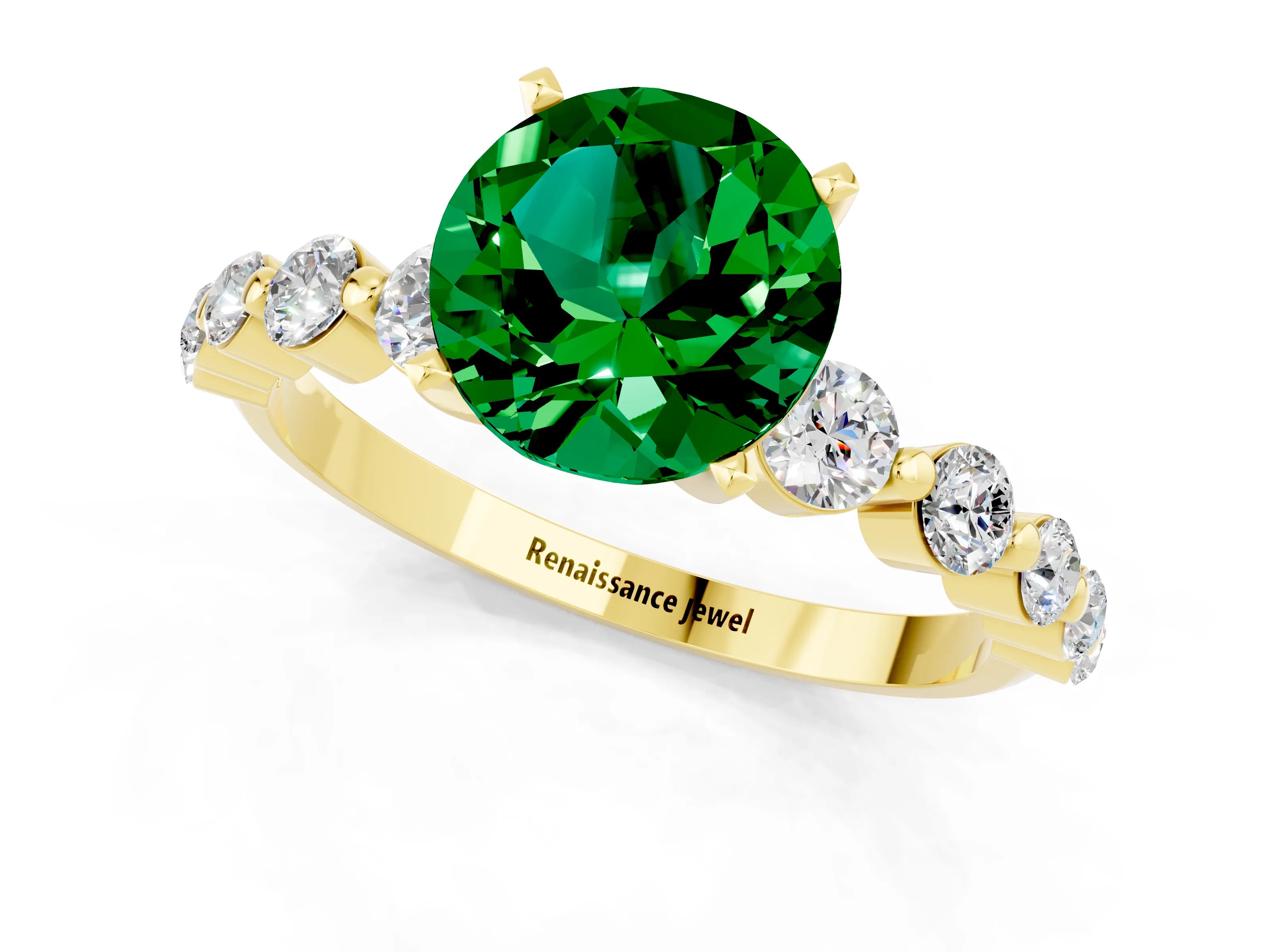 Yellow gold Round Cut Solitaire Emerald Ring with Pave Band and Four-Prong Setting_1