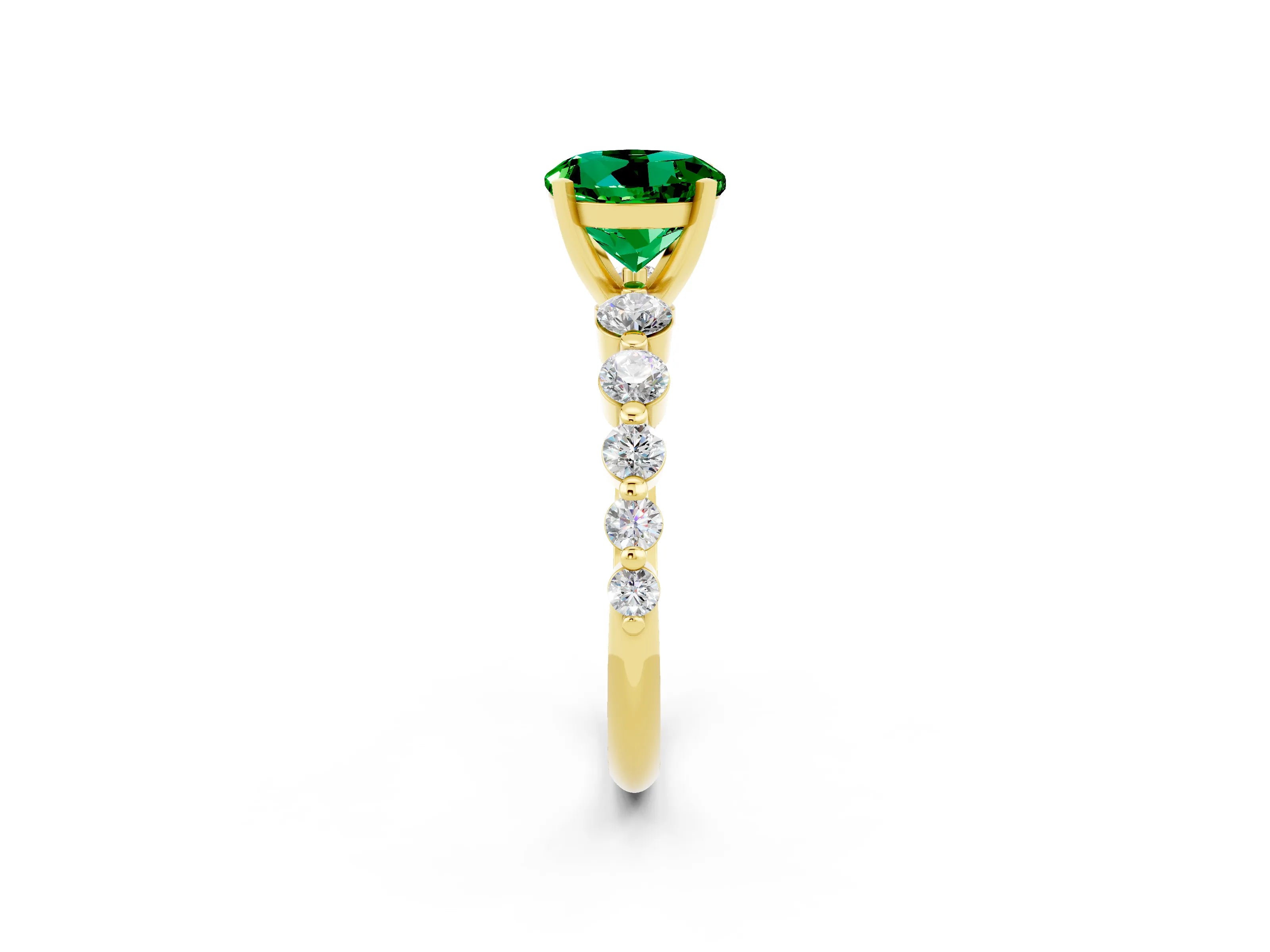Yellow gold Round Cut Solitaire Emerald Ring with Pave Band and Four-Prong Setting_2