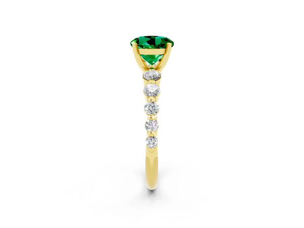 Yellow gold Round Cut Solitaire Emerald Ring with Pave Band and Four-Prong Setting