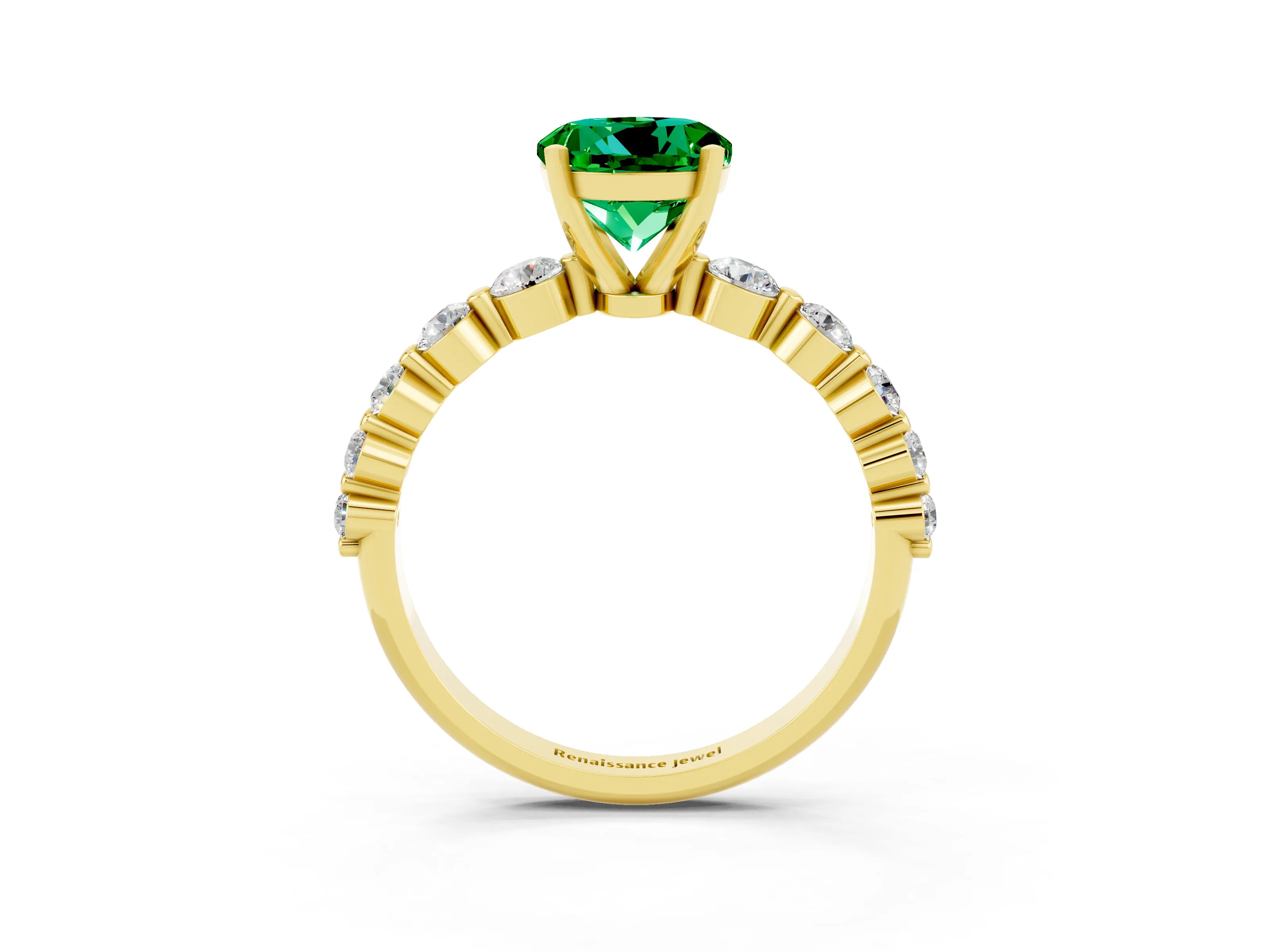 Yellow gold Round Cut Solitaire Emerald Ring with Pave Band and Four-Prong Setting_3