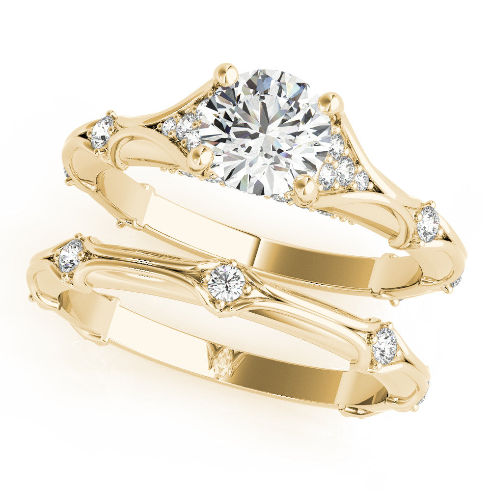 Yellow gold Round Cut Solitaire Engagement Ring with Pave Band and Four-Prong Setting 1