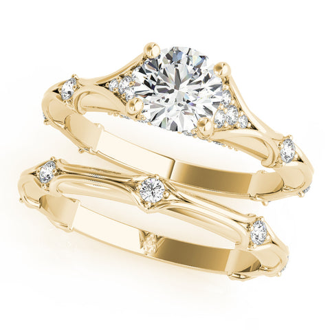 Yellow gold Round Cut Solitaire Engagement Ring with Pave Band and Four-Prong Setting 1