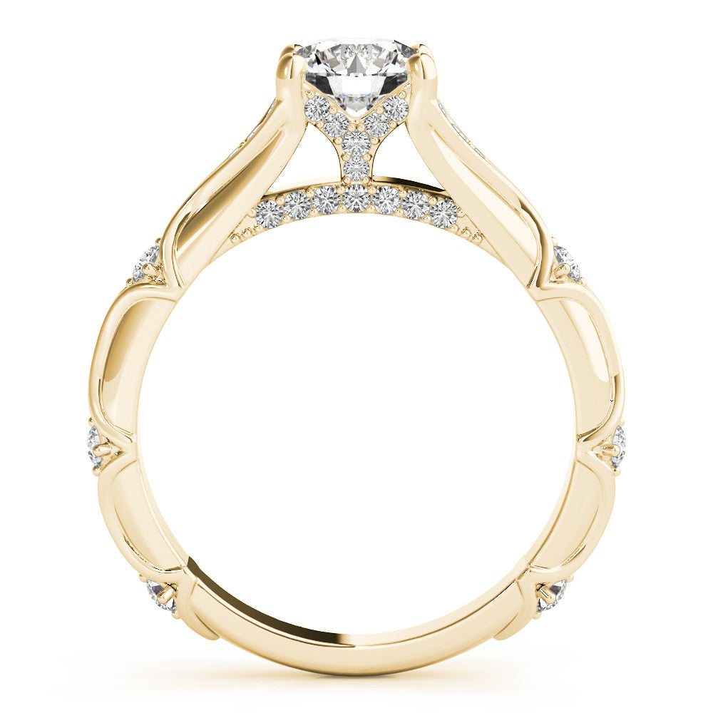 Yellow gold Round Cut Solitaire Engagement Ring with Pave Band and Four-Prong Setting 2