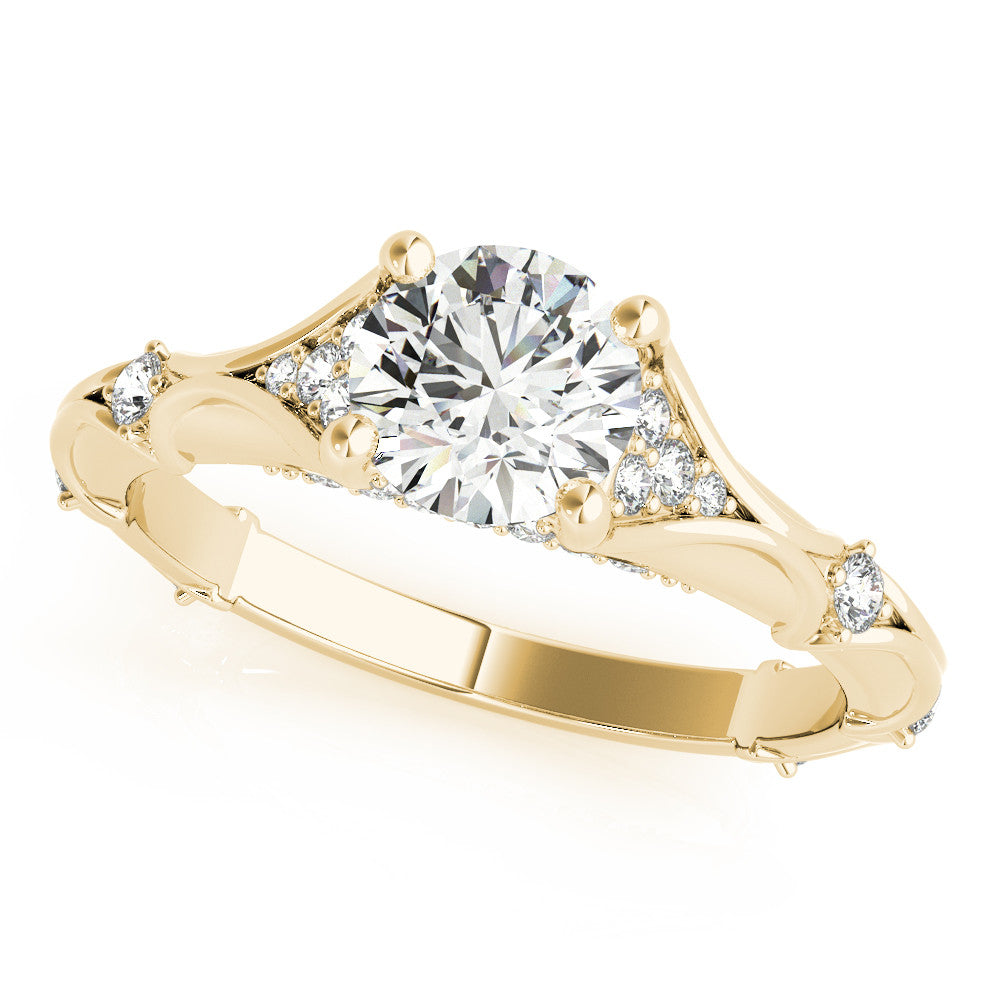 Yellow gold Round Cut Solitaire Engagement Ring with Pave Band and Four-Prong Setting
