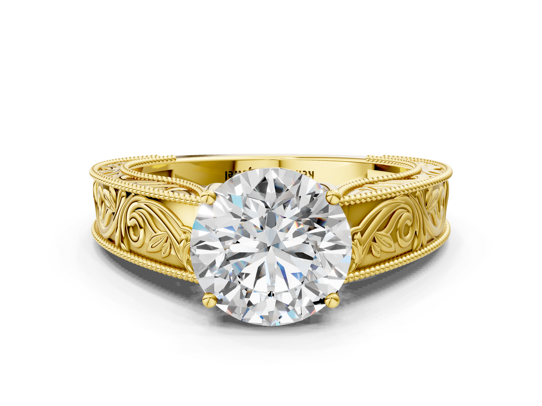 Yellow gold Round Cut Solitaire Engraved Band with Four-Prong Setting_62