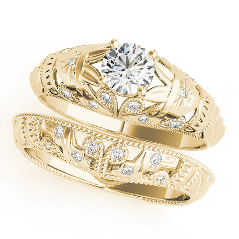 Yellow gold Round Cut Solitaire Floral Filigree Engagement Ring with Bezel Prong Setting 1