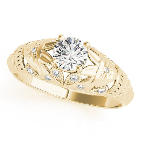 Yellow gold Round Cut Solitaire Floral Filigree Engagement Ring with Bezel Prong Setting