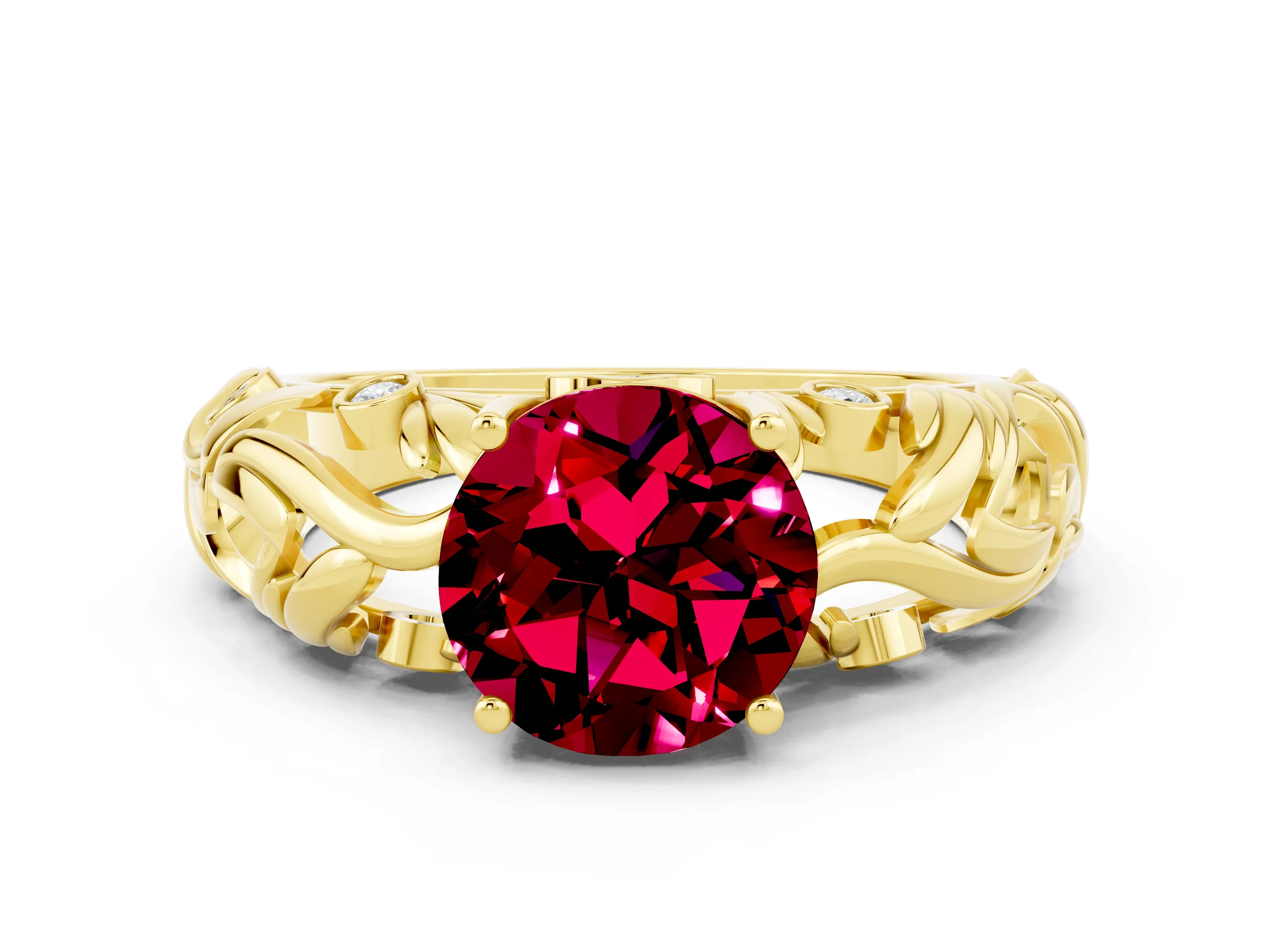 Yellow gold Round Cut Solitaire Garnet Leaf-Inspired Vine Band Ring with Prong Setting