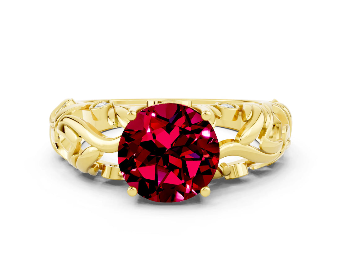 Yellow gold Round Cut Solitaire Garnet Leaf-Inspired Vine Band Ring with Prong Setting