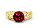 Yellow gold Round Cut Solitaire Garnet Leaf-Inspired Vine Band Ring with Prong Setting