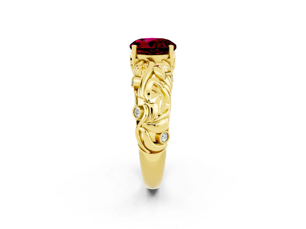 Yellow gold Round Cut Solitaire Garnet Leaf-Inspired Vine Band Ring with Prong Setting