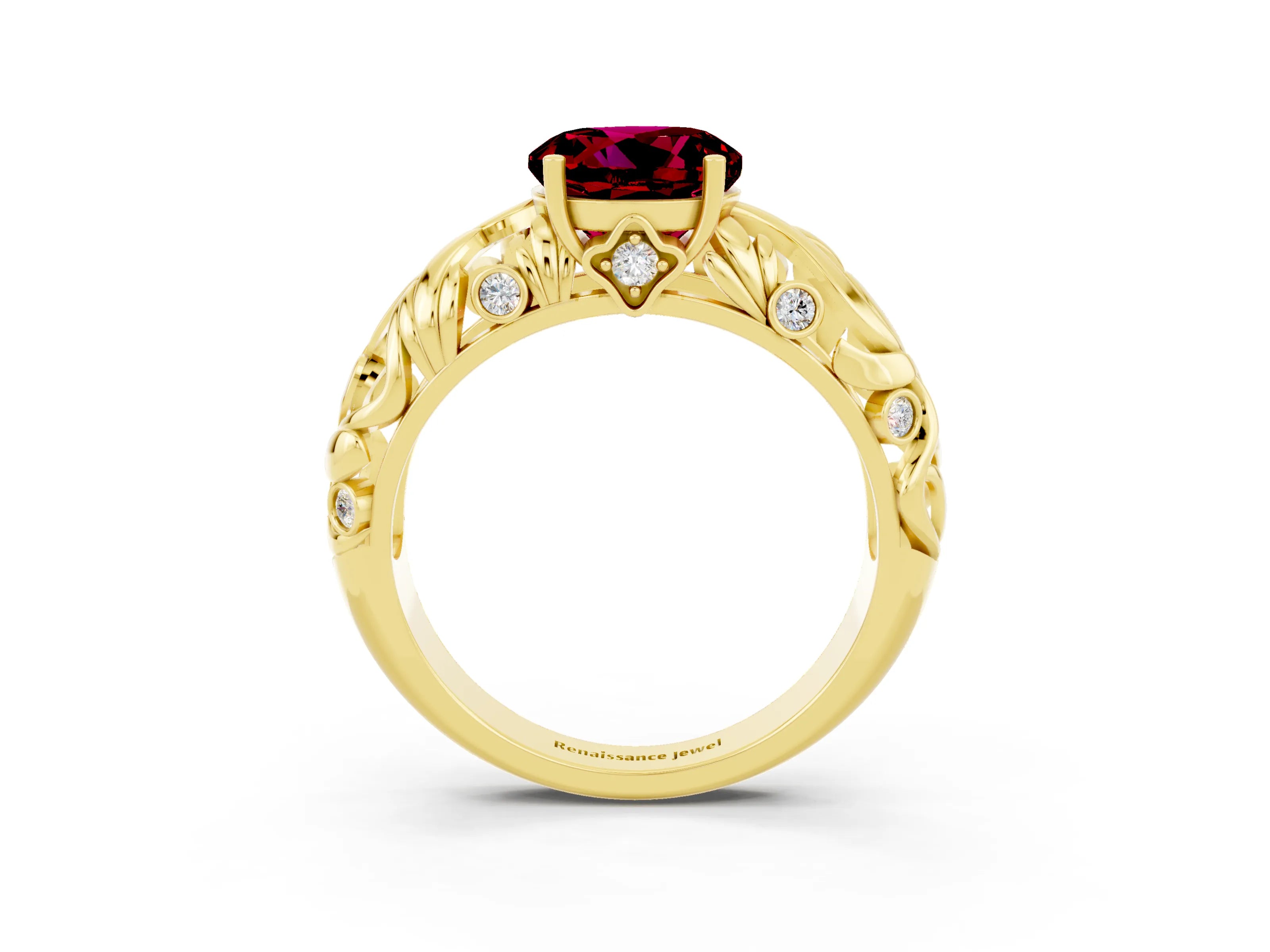Yellow gold Round Cut Solitaire Garnet Leaf-Inspired Vine Band Ring with Prong Setting_3