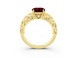 Yellow gold Round Cut Solitaire Garnet Leaf-Inspired Vine Band Ring with Prong Setting_3