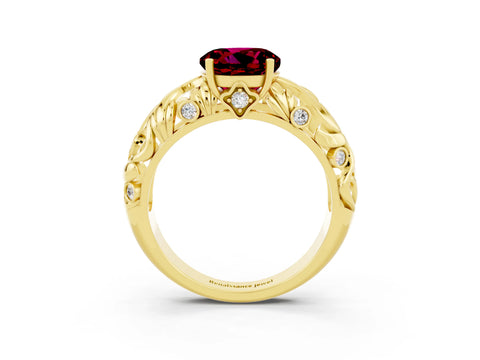 Yellow gold Round Cut Solitaire Garnet Leaf-Inspired Vine Band Ring with Prong Setting_3