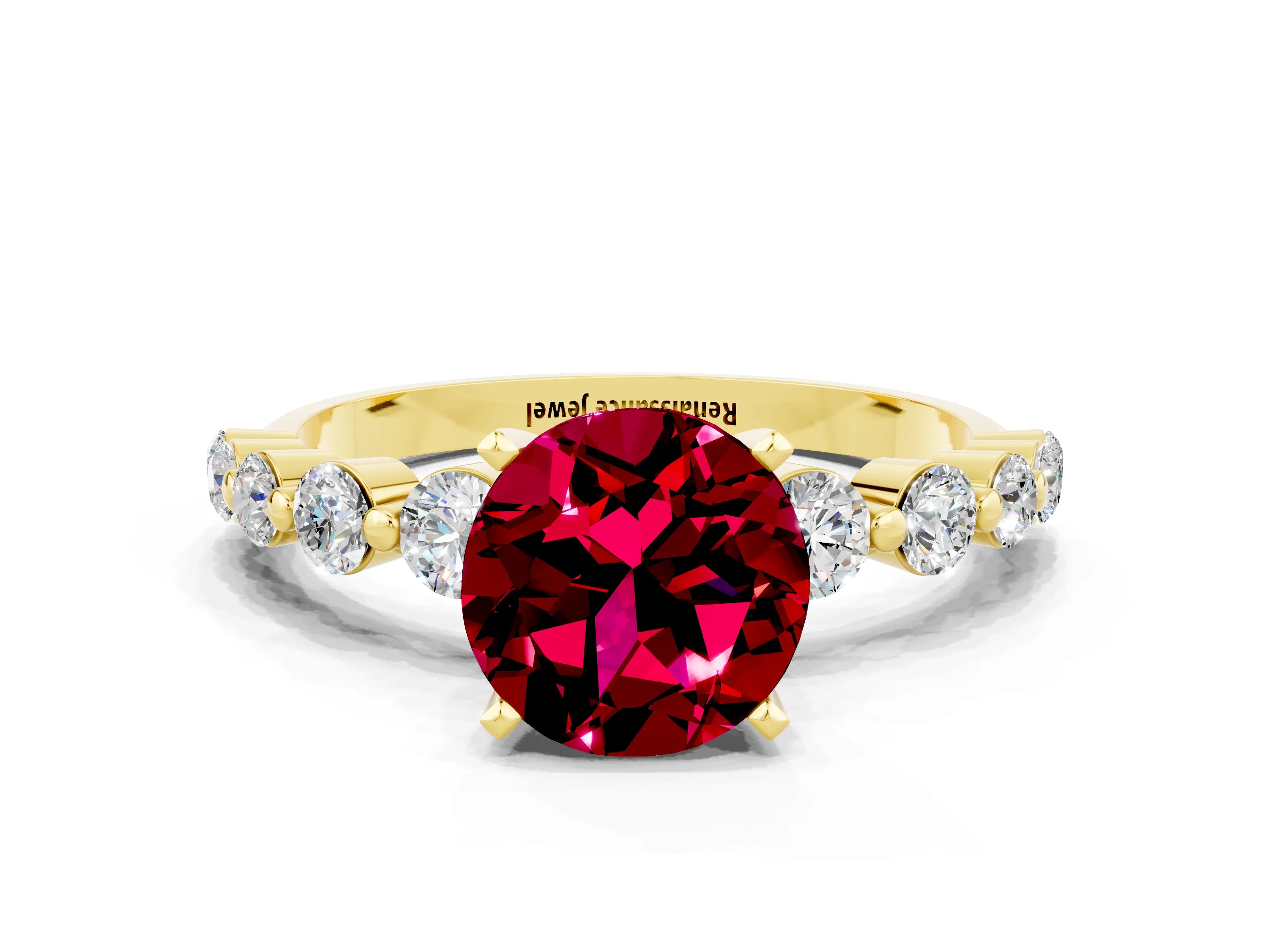 Yellow gold Round Cut Solitaire Garnet Ring with Pave Band and Four-Prong Setting