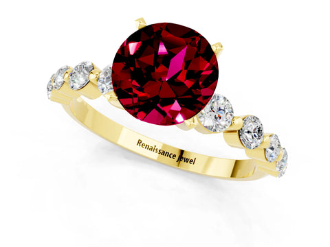 Yellow gold Round Cut Solitaire Garnet Ring with Pave Band and Four-Prong Setting_1