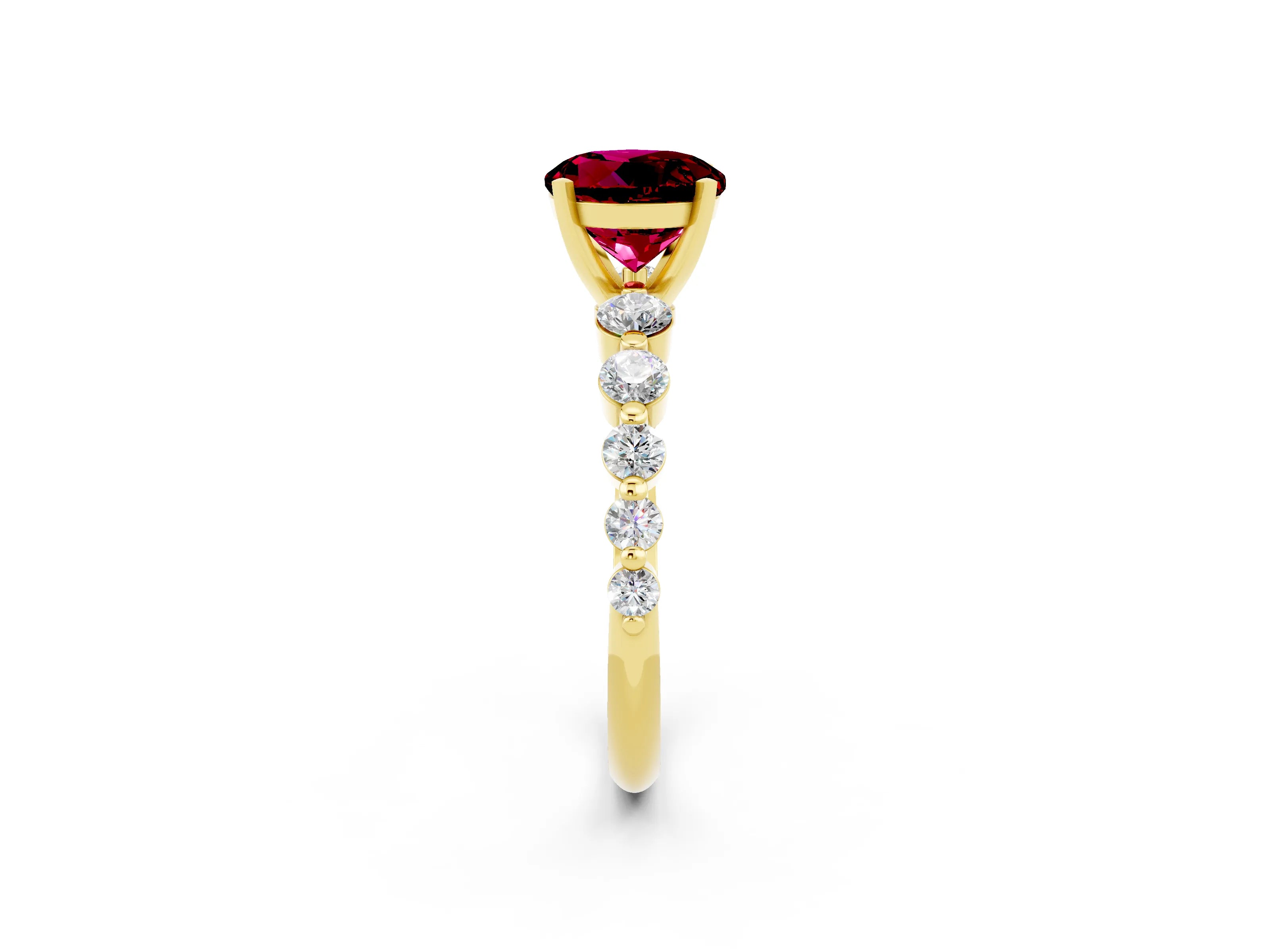 Yellow gold Round Cut Solitaire Garnet Ring with Pave Band and Four-Prong Setting_2