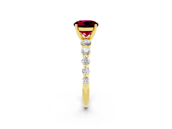 Yellow gold Round Cut Solitaire Garnet Ring with Pave Band and Four-Prong Setting