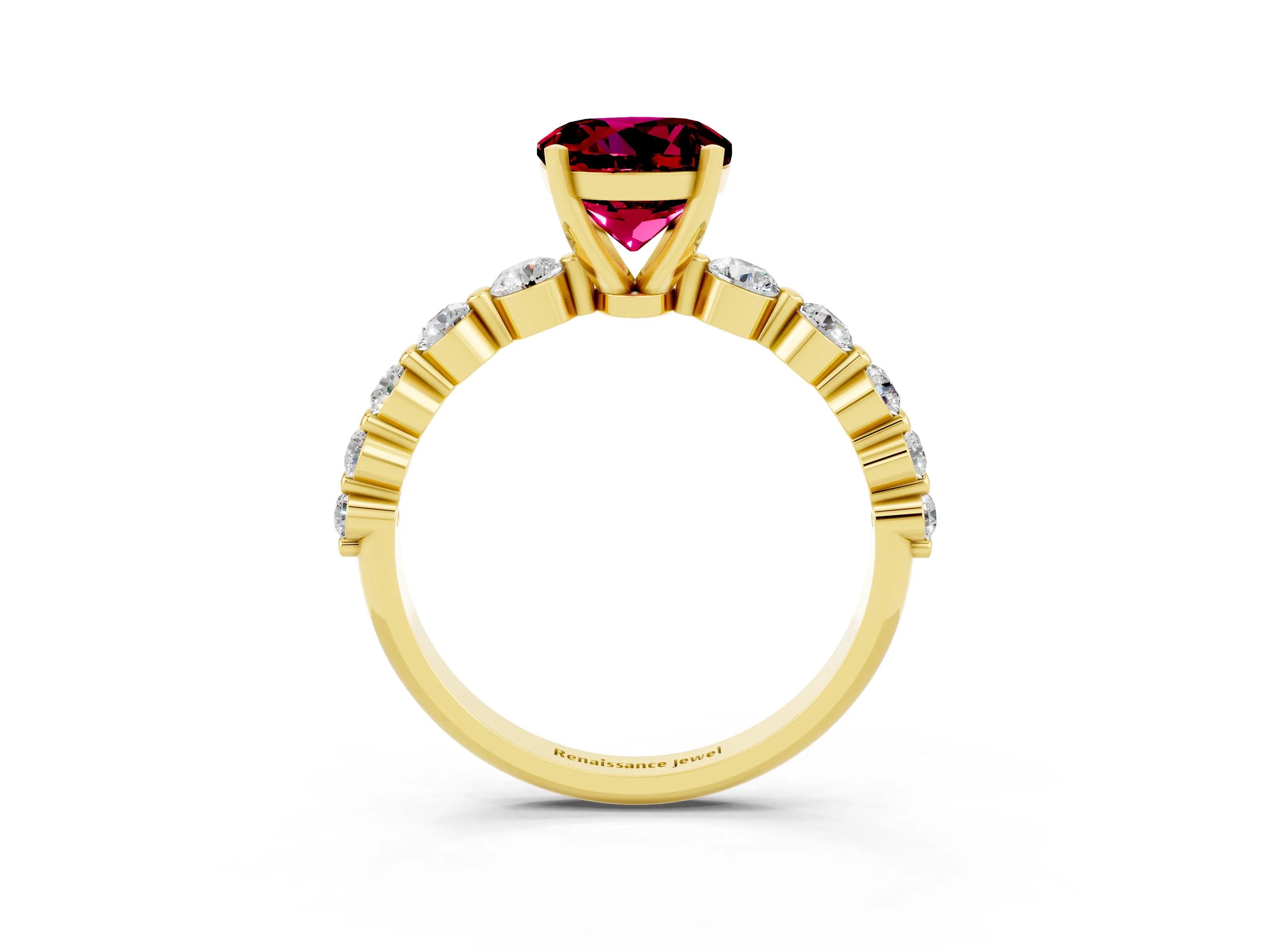 Yellow gold Round Cut Solitaire Garnet Ring with Pave Band and Four-Prong Setting_3