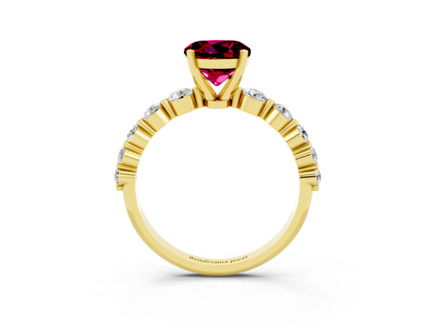 Yellow gold Round Cut Solitaire Garnet Ring with Pave Band and Four-Prong Setting_3