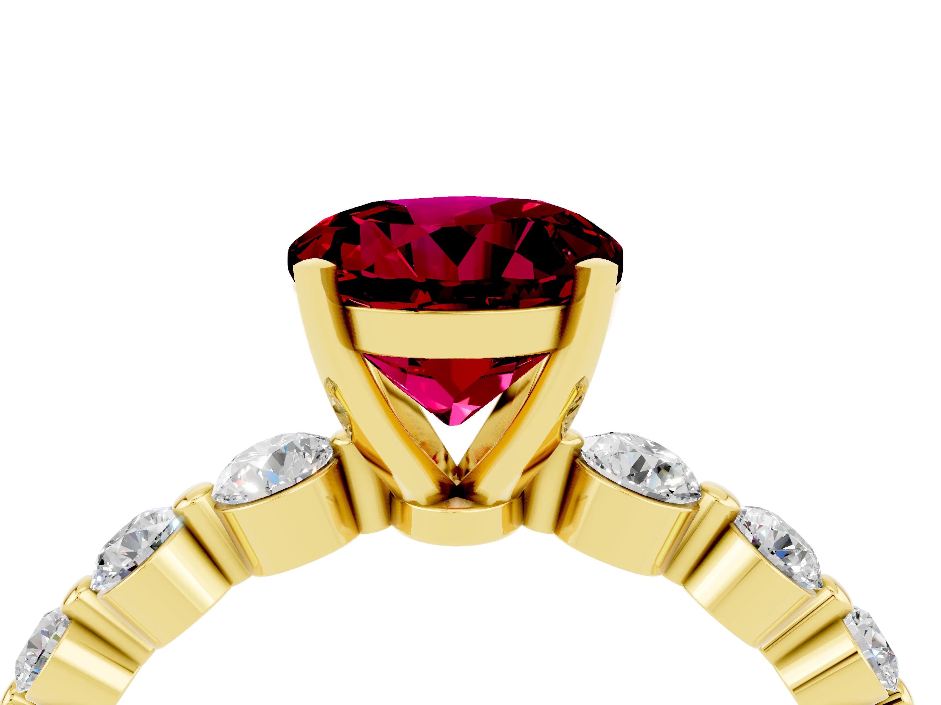 Yellow gold Round Cut Solitaire Garnet Ring with Pave Band and Four-Prong Setting_4