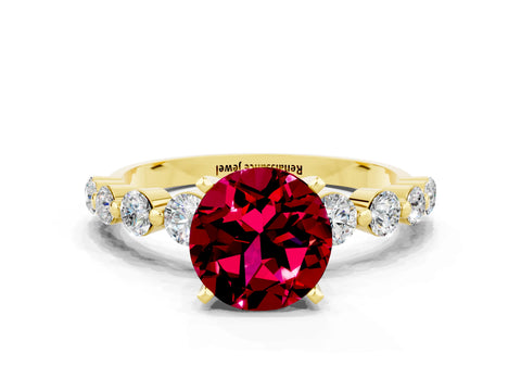 Yellow gold Round Cut Solitaire Garnet Ring with Pave Band and Four-Prong Setting