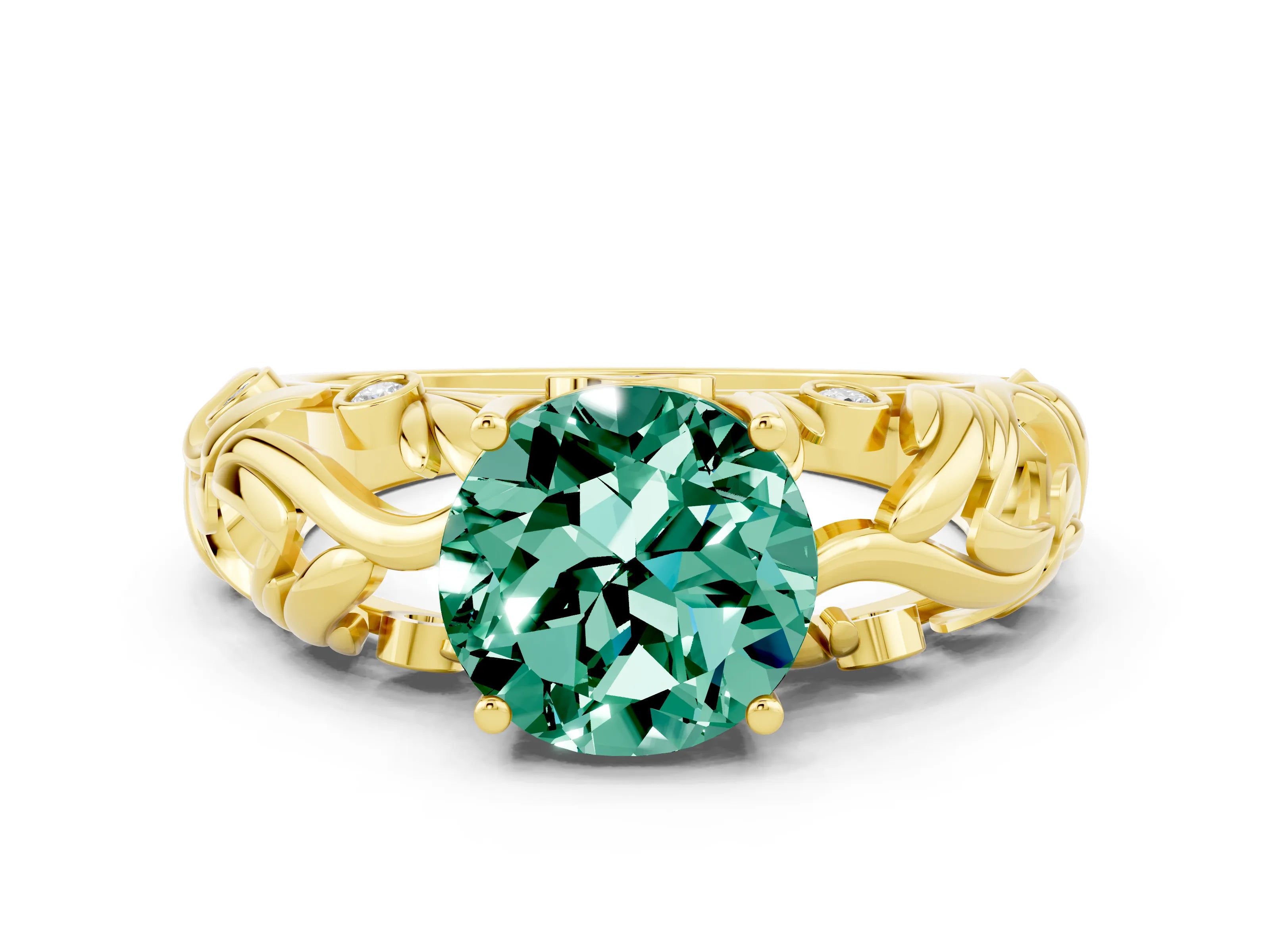 Yellow gold Round Cut Solitaire Green Sapphire Leaf-Inspired Vine Band Ring with Prong Setting