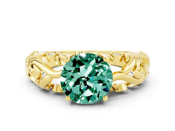 Yellow gold Round Cut Solitaire Green Sapphire Leaf-Inspired Vine Band Ring with Prong Setting