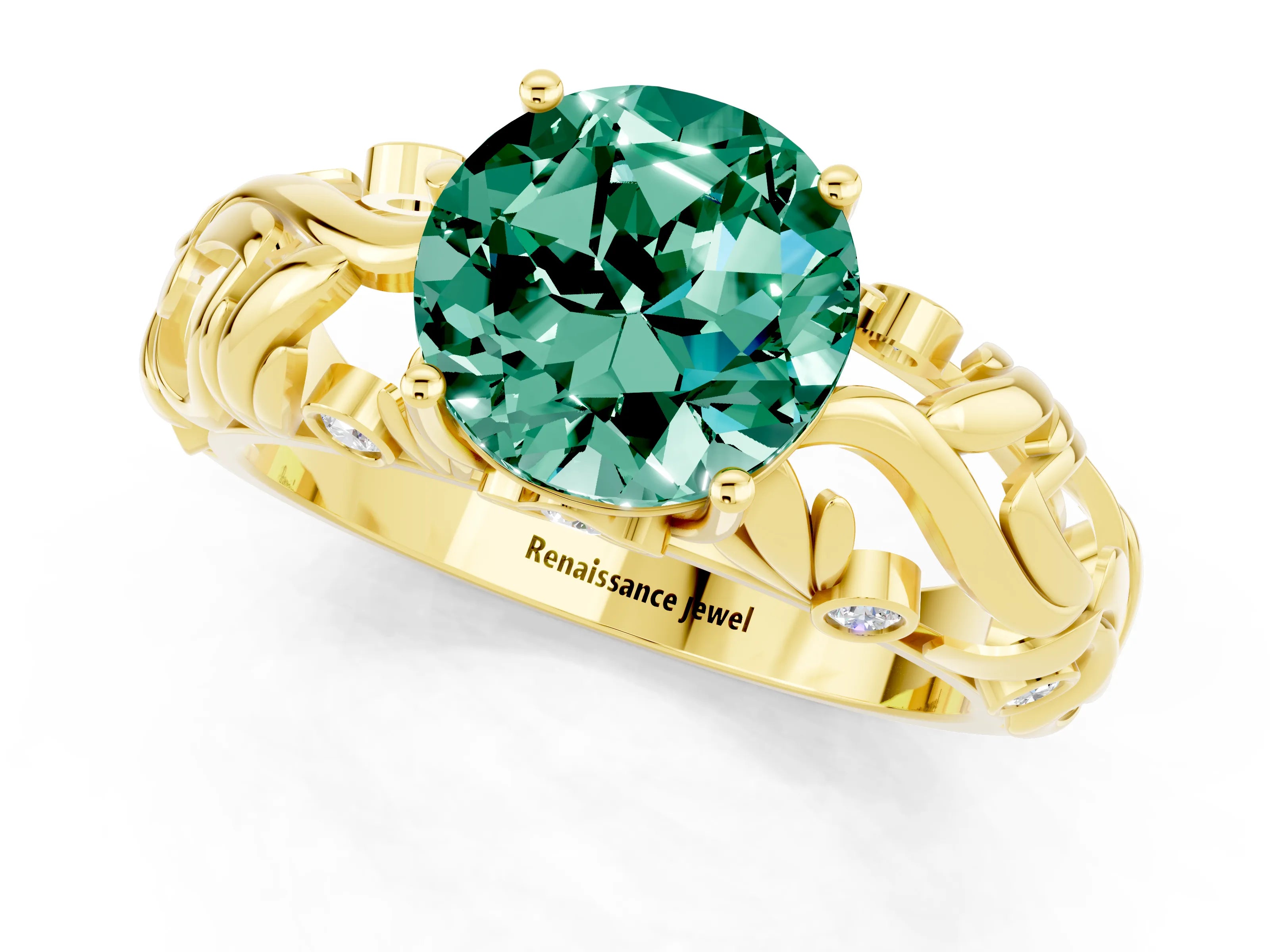 Yellow gold Round Cut Solitaire Green Sapphire Leaf-Inspired Vine Band Ring with Prong Setting_1