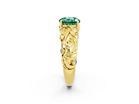 Yellow gold Round Cut Solitaire Green Sapphire Leaf-Inspired Vine Band Ring with Prong Setting_2
