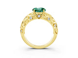 Yellow gold Round Cut Solitaire Green Sapphire Leaf-Inspired Vine Band Ring with Prong Setting_3