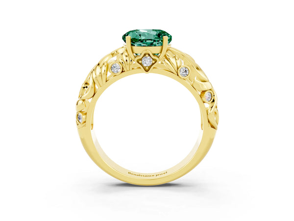 Yellow gold Round Cut Solitaire Green Sapphire Leaf-Inspired Vine Band Ring with Prong Setting