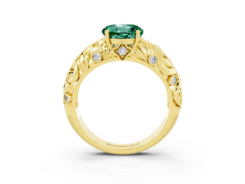 Yellow gold Round Cut Solitaire Green Sapphire Leaf-Inspired Vine Band Ring with Prong Setting_3