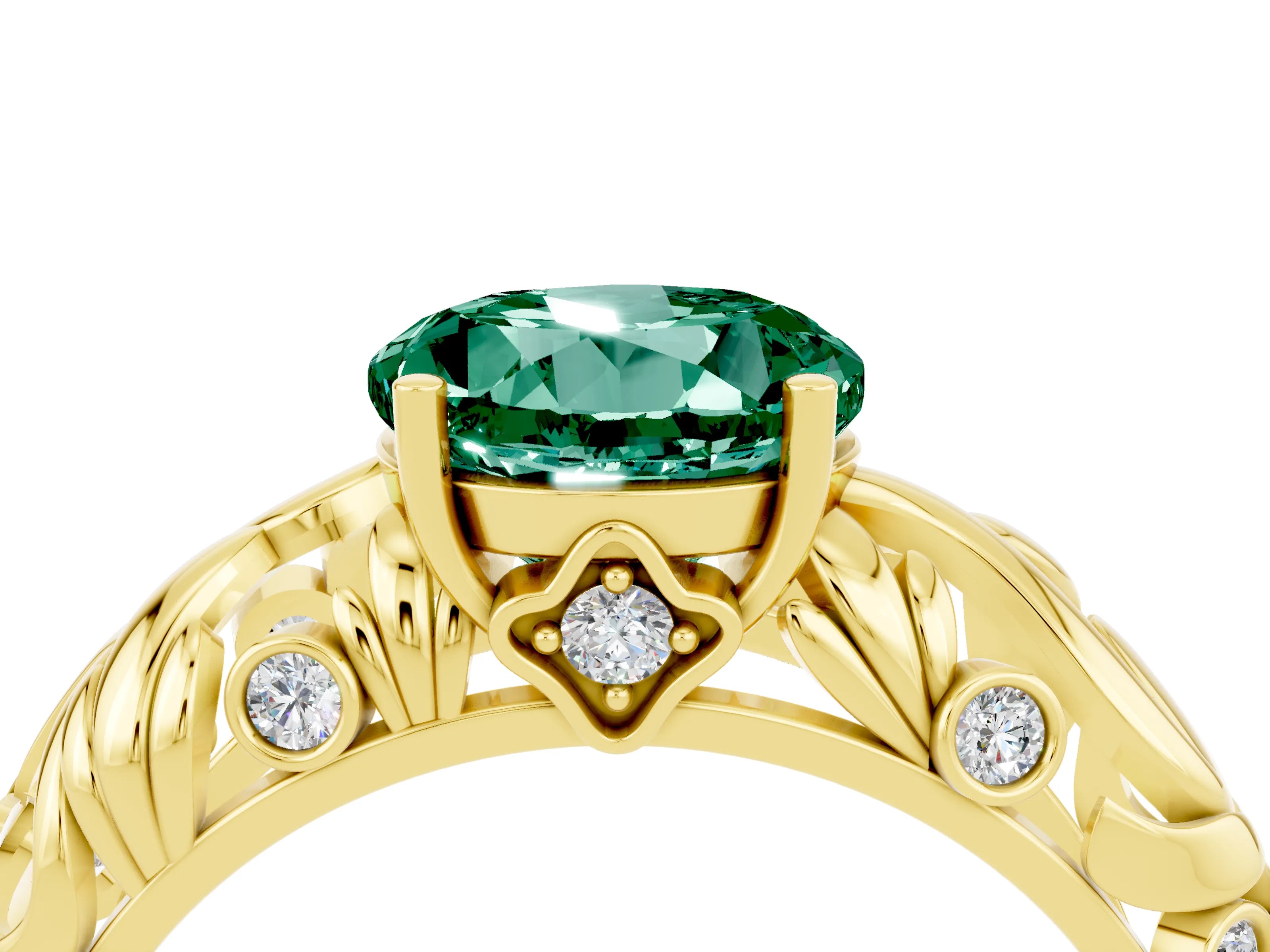 Yellow gold Round Cut Solitaire Green Sapphire Leaf-Inspired Vine Band Ring with Prong Setting_4