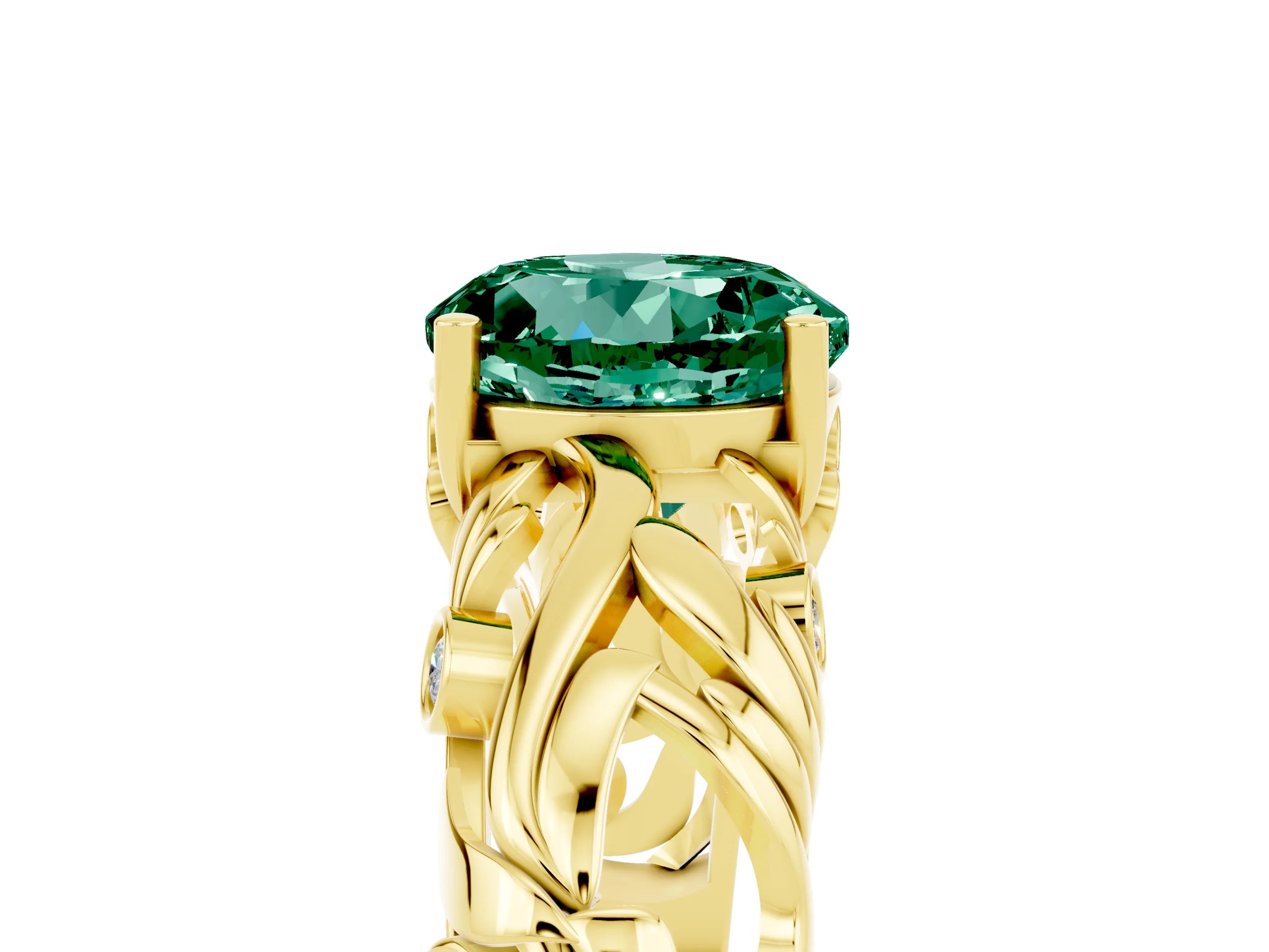 Yellow gold Round Cut Solitaire Green Sapphire Leaf-Inspired Vine Band Ring with Prong Setting_5