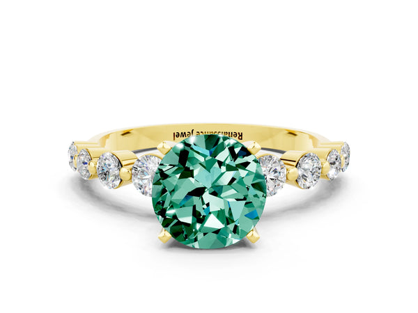 Yellow gold Round Cut Solitaire Green Sapphire Ring with Pave Band and Four-Prong Setting